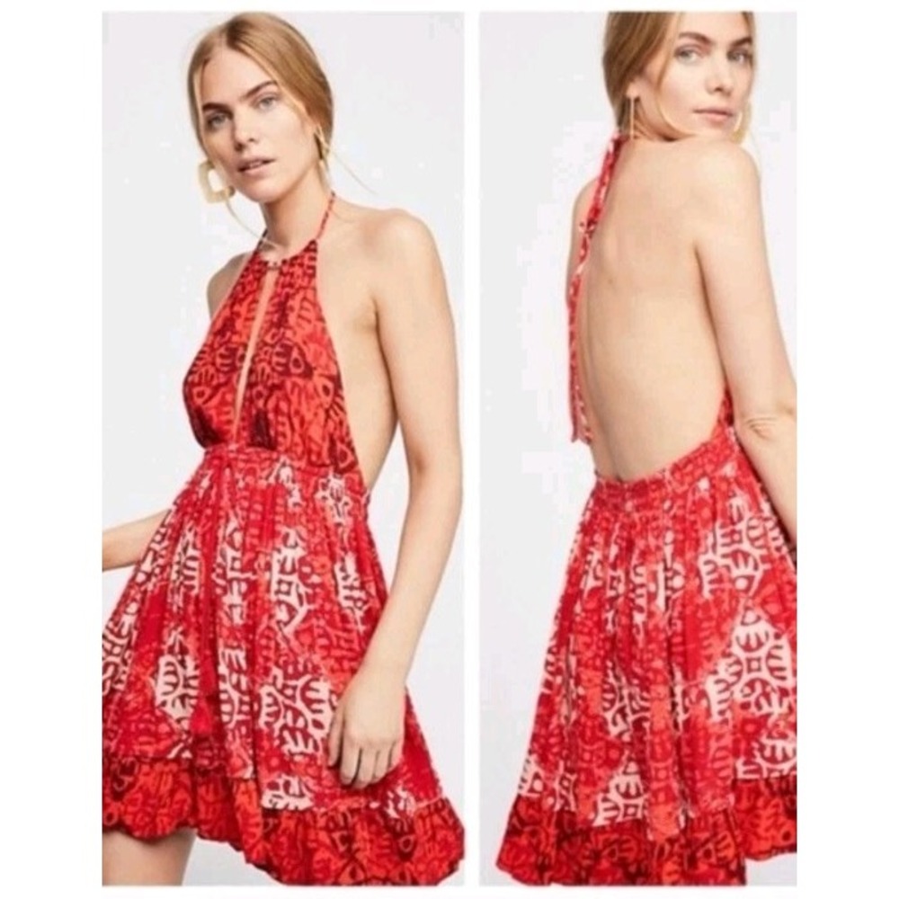 Free People Heat Wave Mini Dress Red Batik Halter Open Back OB816062 Mens S‎
